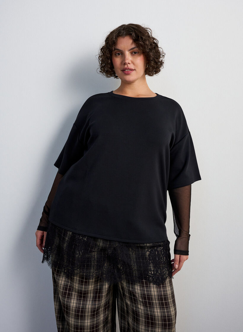 Blouse avec manches en maille et finitions en dentelle, Noir, Model image number 0