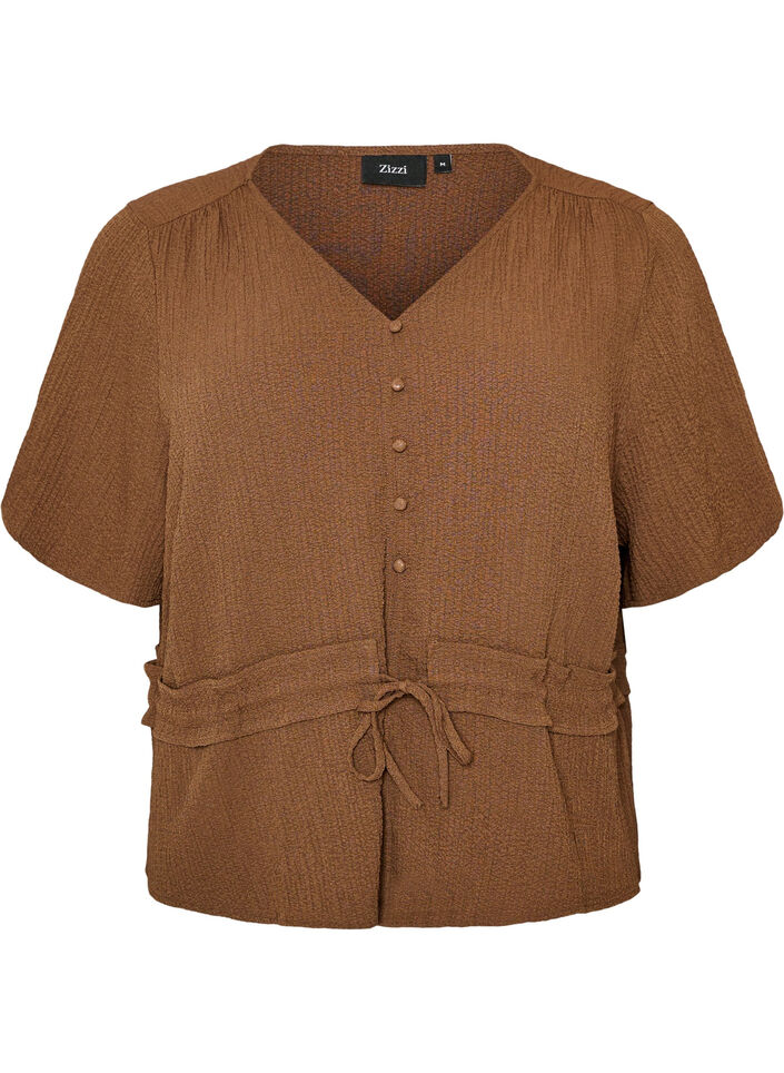 Blouse avec texture et lien &agrave; la taille, Marron, Packshot image number 0