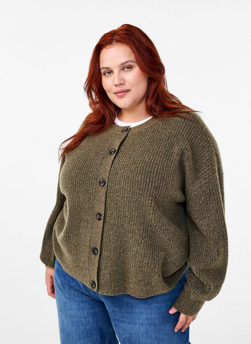 Cardigan en tricot côtelé avec boutons, Vert, Model image number 0