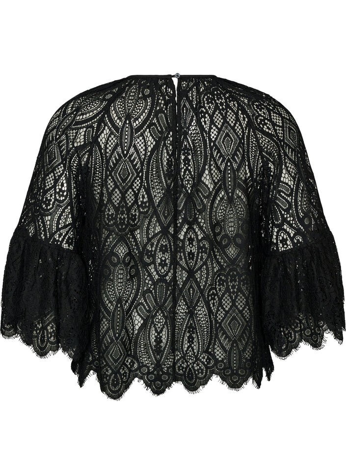 Blouse en dentelle avec manches longues trompette et volants, Noir, Packshot image number 1