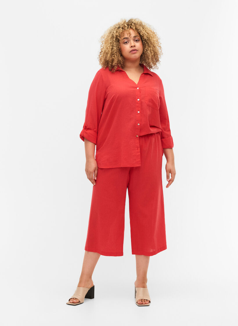 Chemisier à boutons en mélange coton-lin, Hibiscus, Model image number 2