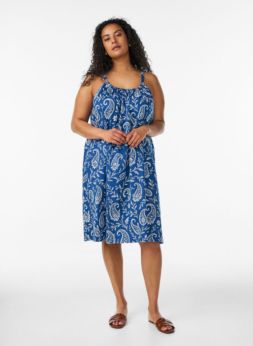 Robe &agrave; bretelles midi en coton bio, Bleu, Model image number 1