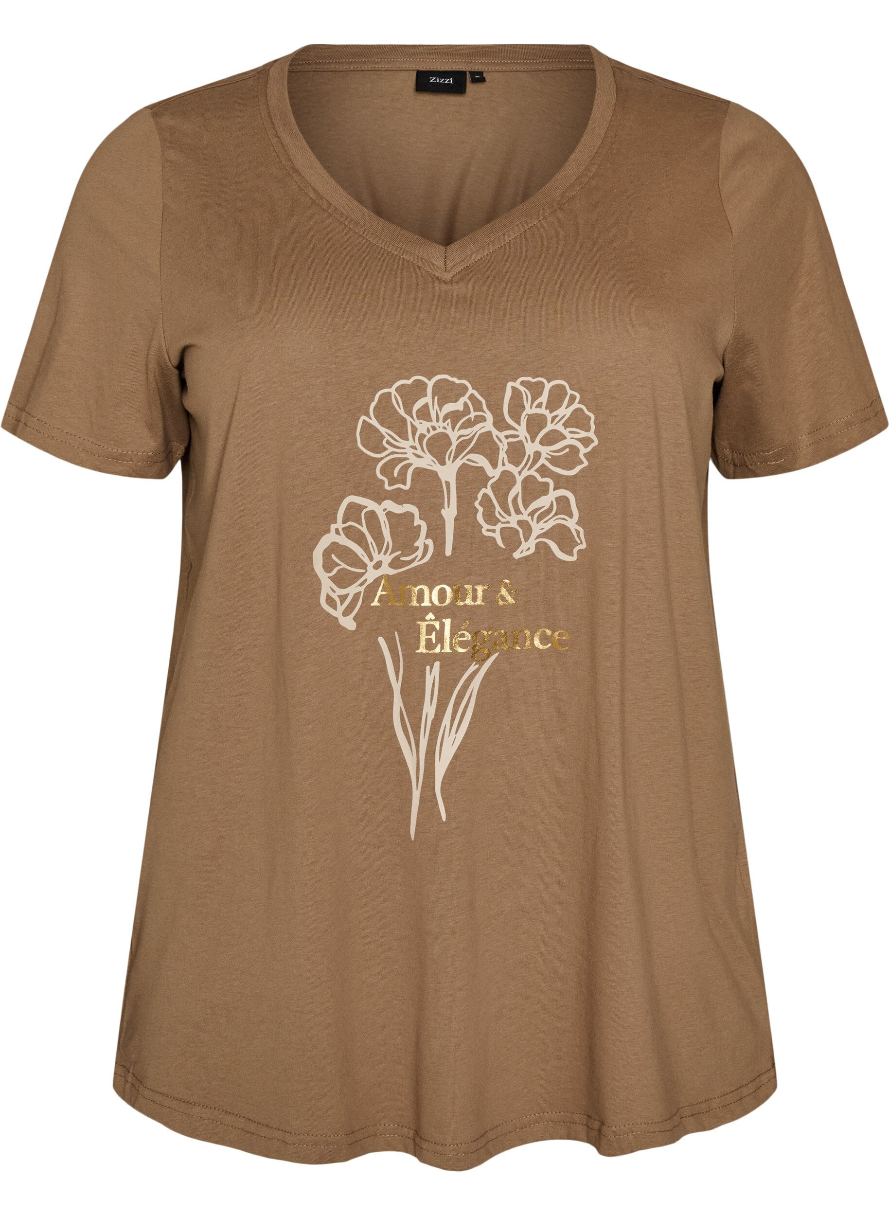 T-shirt en coton avec imprim&eacute; sur le devant et col en V