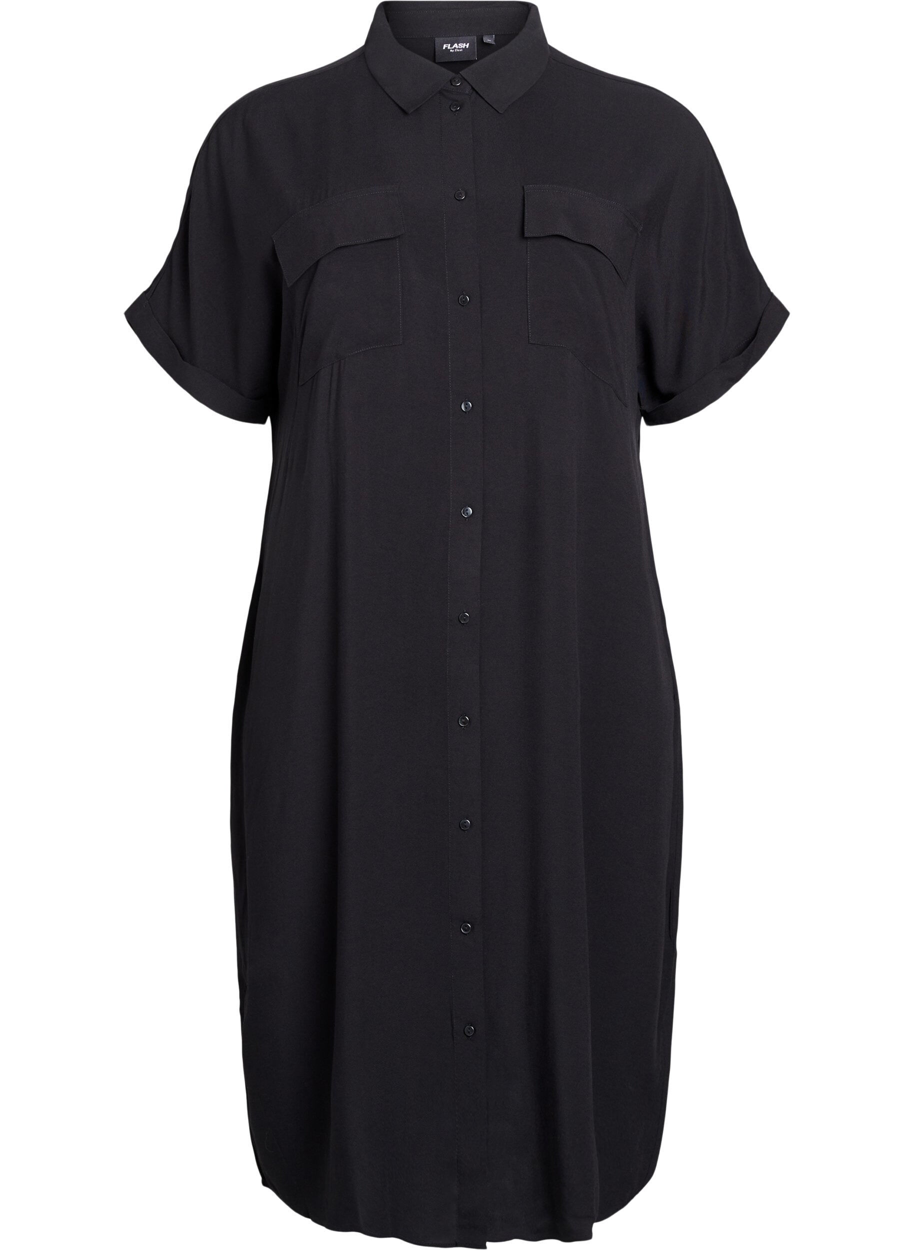 Zizzi Robe chemise longue avec manches courtes, Noir, Packshot image number 0