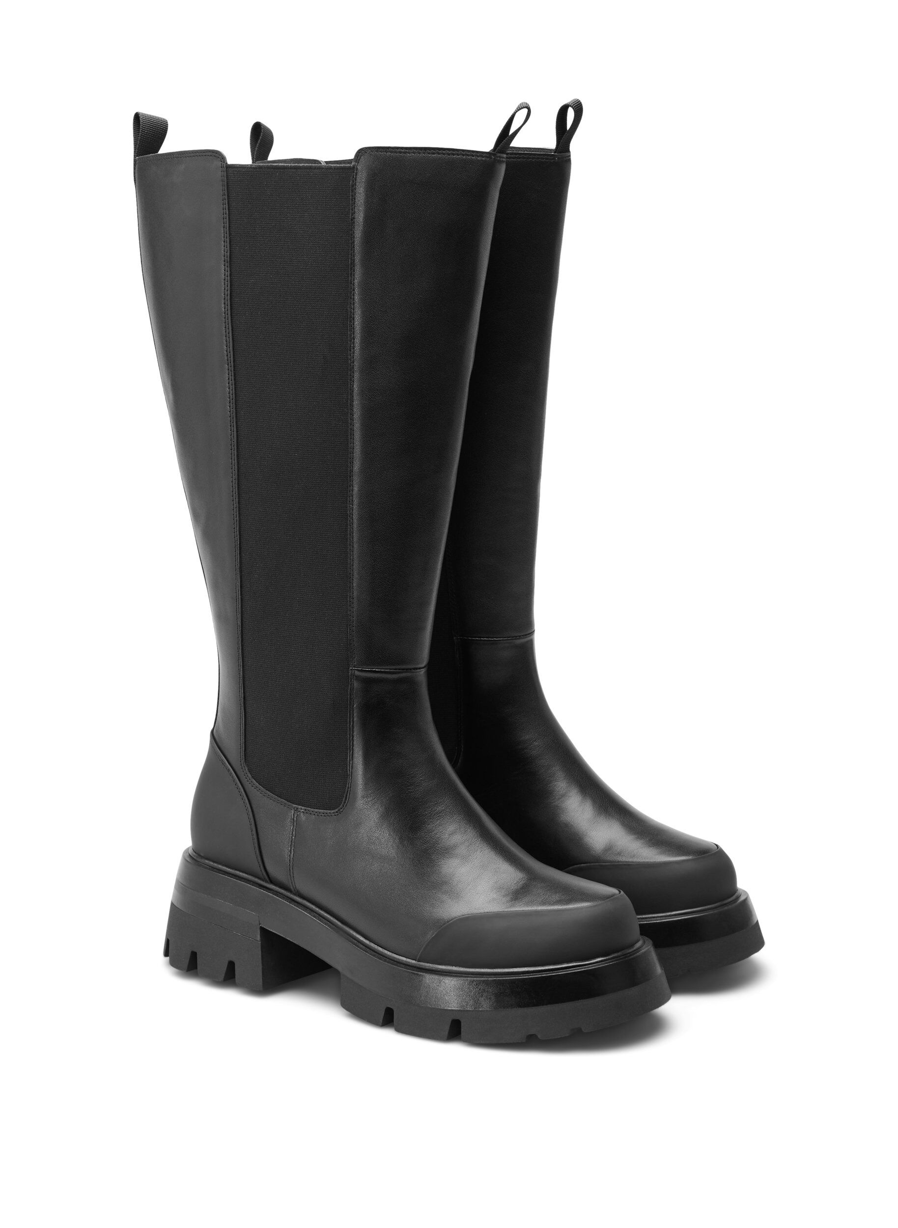 Zizzi Bottes en cuir large avec un long tige et &eacute;lastique, Black, Packshot image number 1