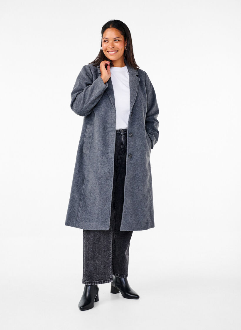 Manteau long en laine avec des poches, Dark Grey Melange, Model image number 2
