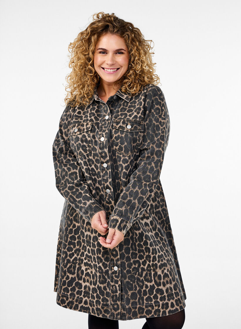 Robe en denim à manches longues avec imprimé léopard, Brown Leo AOP, Model image number 0