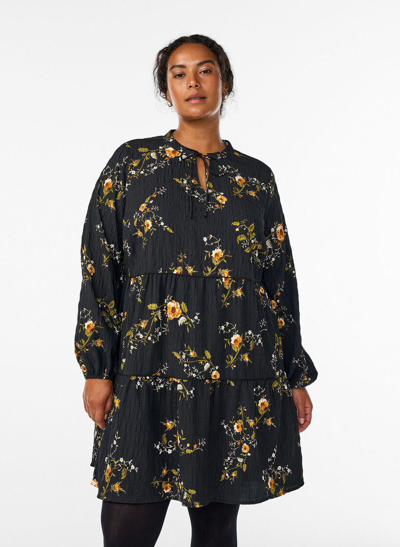 Robes &agrave; imprim&eacute; floral avec fermeture &agrave; cravate, Noir, Model image number 0