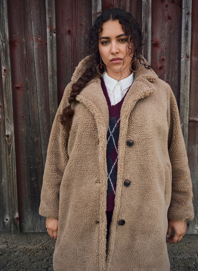 Veste en teddy doux avec boutons et col, Marron, Image