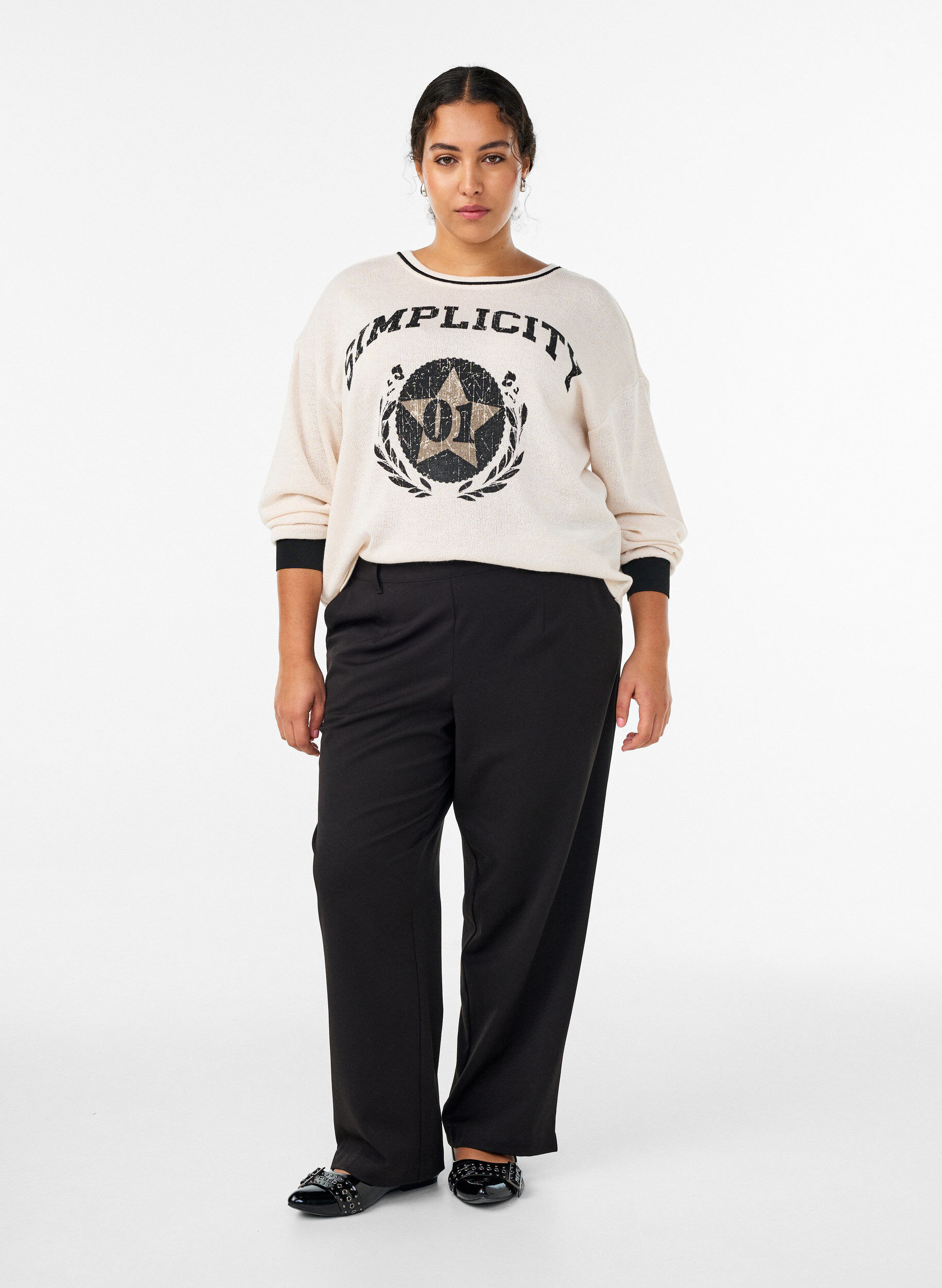 Pantalon taille haute avec ceinture &eacute;lastique &agrave; l'arri&egrave;re, Noir, Model