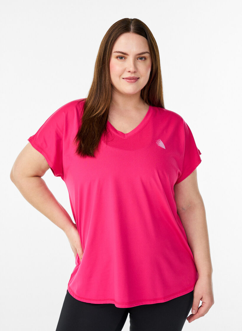 T-shirt de sport &agrave; manches courtes et col en V, Rose, Model image number 0