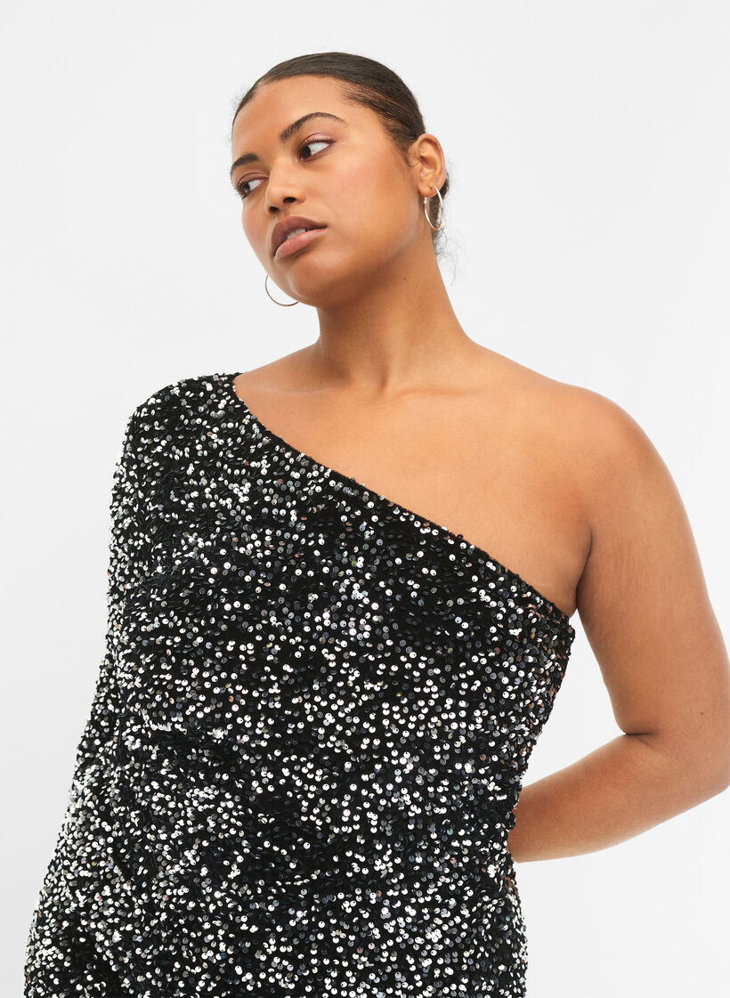 Robe courte à sequins, coupe asymétrique une épaule dénudée, Black/Silver Sequins, Model image number 2