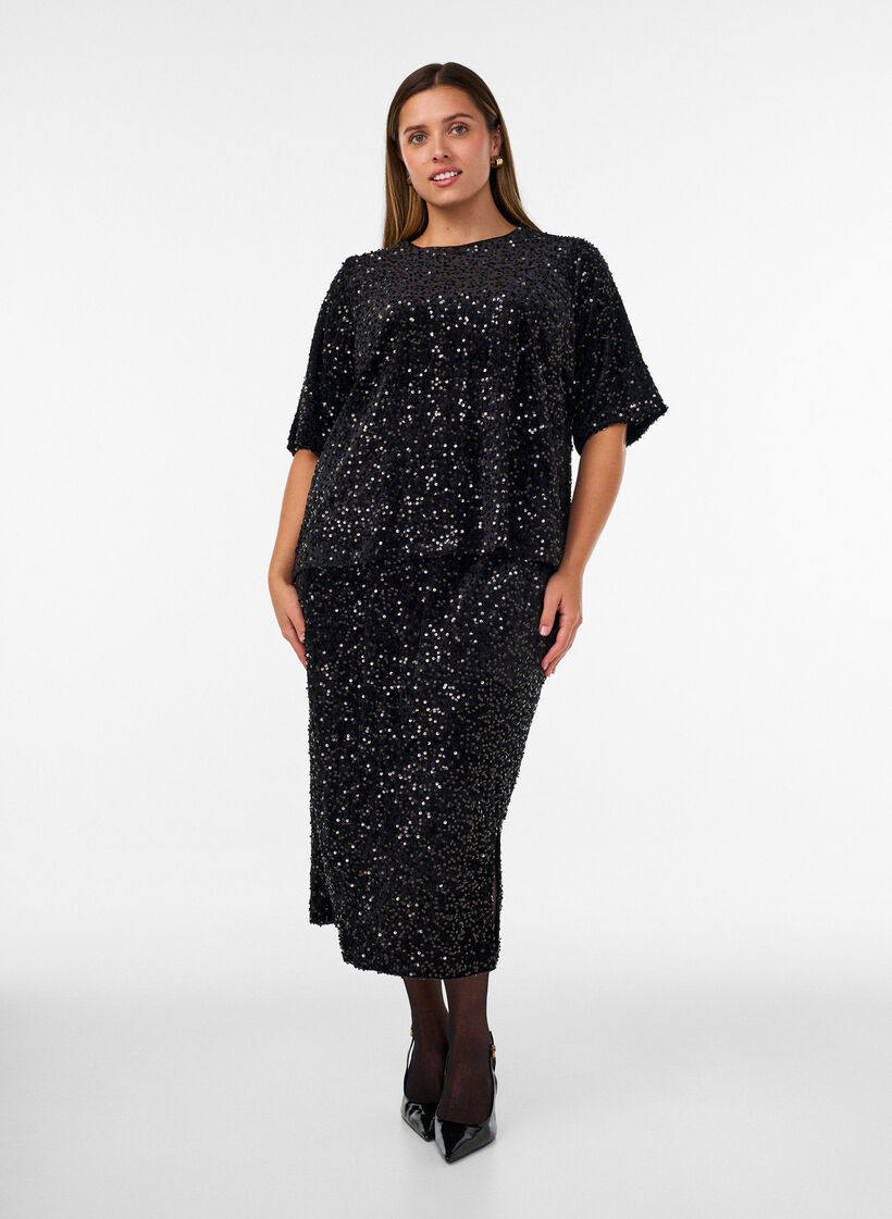 Blouse en sequins avec manches au coude, Noir, Model image number 1