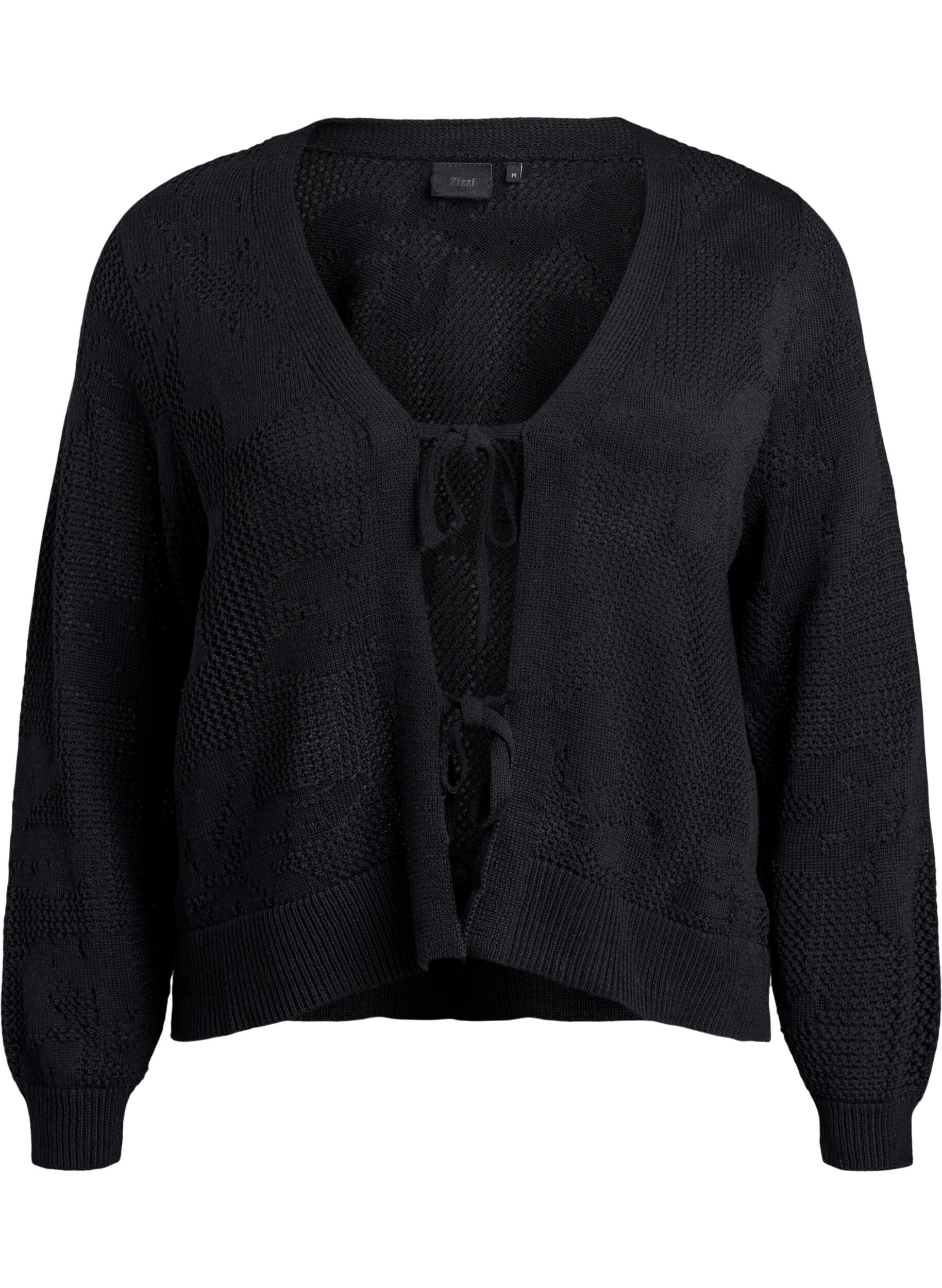 Zizzi Cardigan en maille avec motif en treillis et cordons, Black, Packshot image number 0
