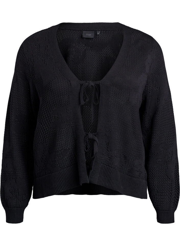 Cardigan en maille avec motif en treillis et cordons, Black, Packshot image number 0