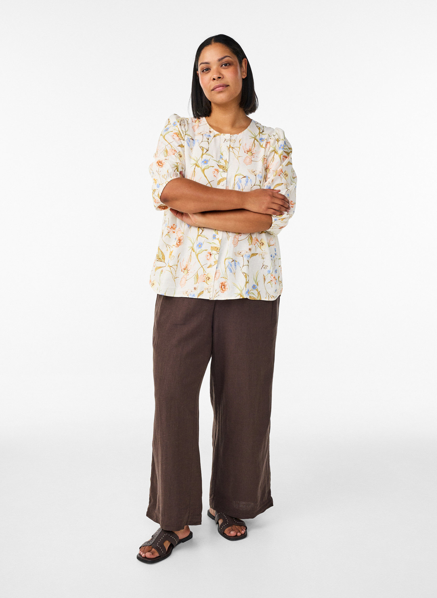 Zizzi Chemisier en lin et viscose avec manches 3/4, Vanille, Model image number 1