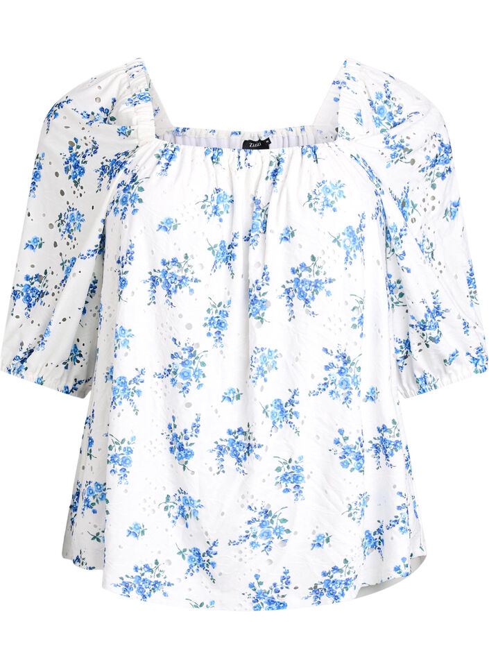 Blouse fleurie avec encolure carr&eacute;e et broderie ajour&eacute;e, Blanc, Packshot image number 0