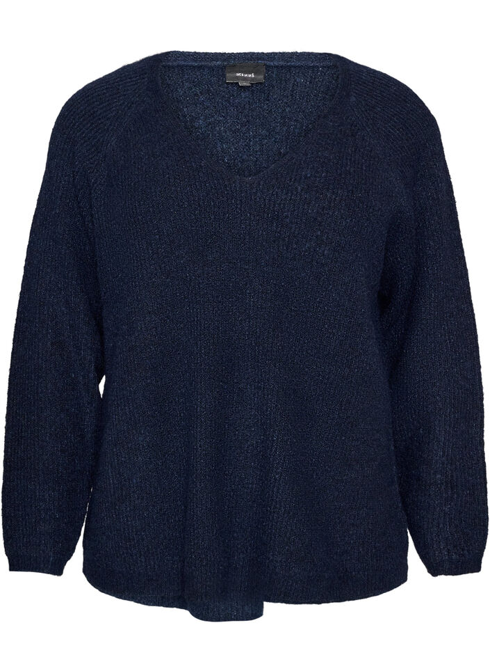 Blouse en maille avec col en V et manches raglan, Bleu, Packshot image number 0