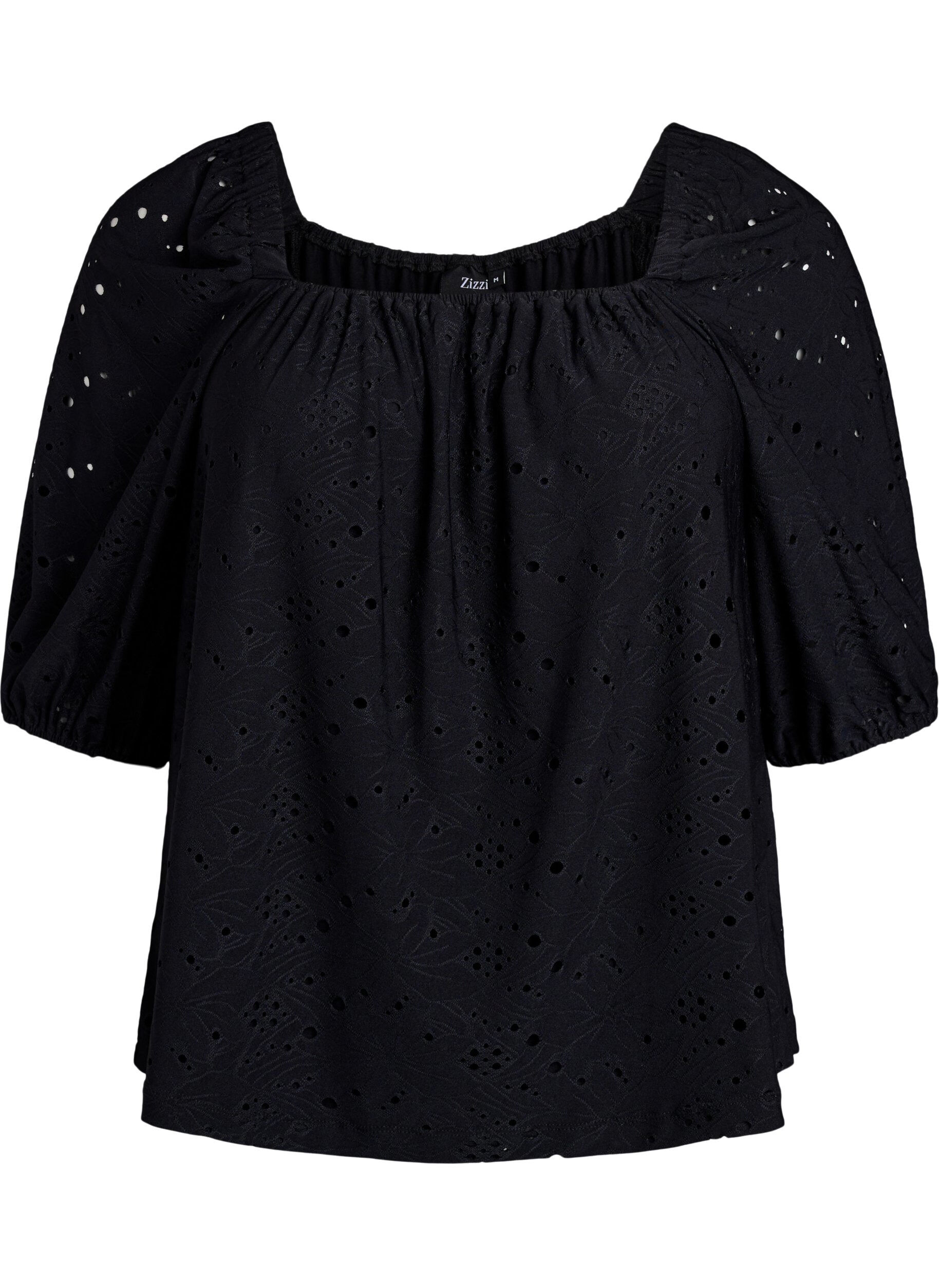 ZizziBlouse &agrave; manches courtes bouffantes et motif ajour&eacute;, Noir, Packshot image number 0