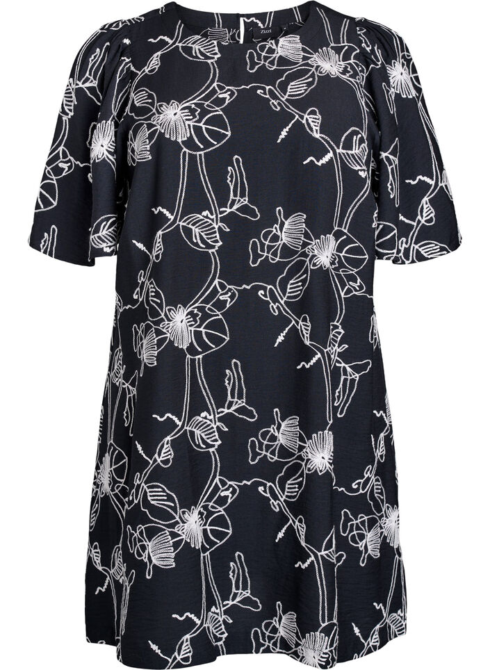 Robe trap&egrave;ze courte &agrave; motif brod&eacute;, Noir, Packshot image number 0