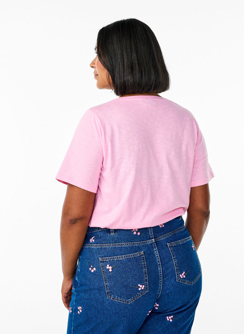 T-shirt basique &agrave; manches courtes avec col en V, Rose, Model image number 2