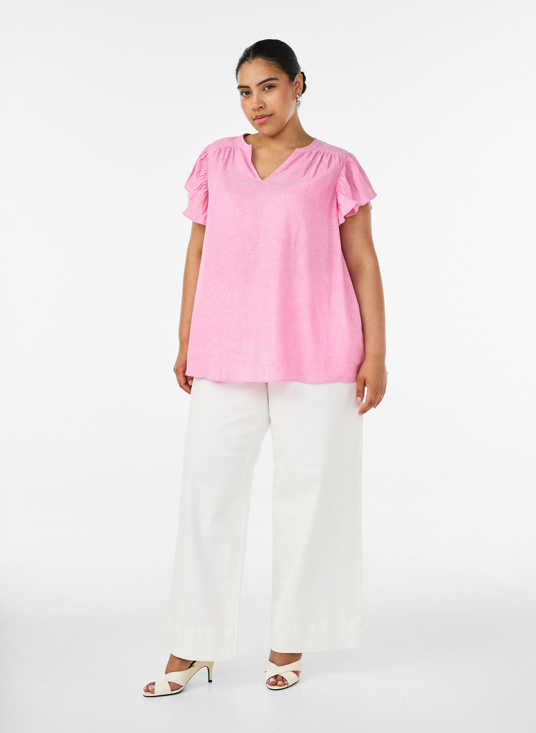 ZizziBlouse en viscose et lin avec manches &agrave; volants, Rose, Model image number 1