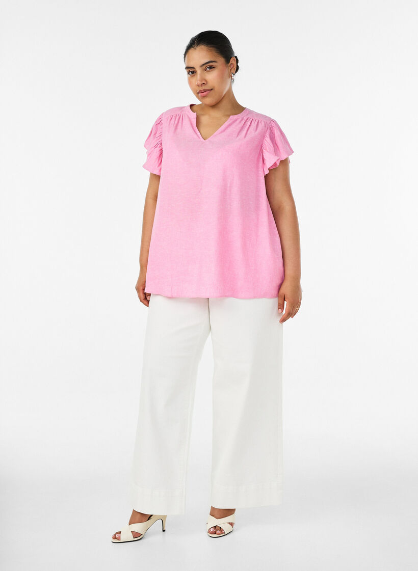 Blouse en viscose et lin avec manches &agrave; volants, Rose, Model image number 1