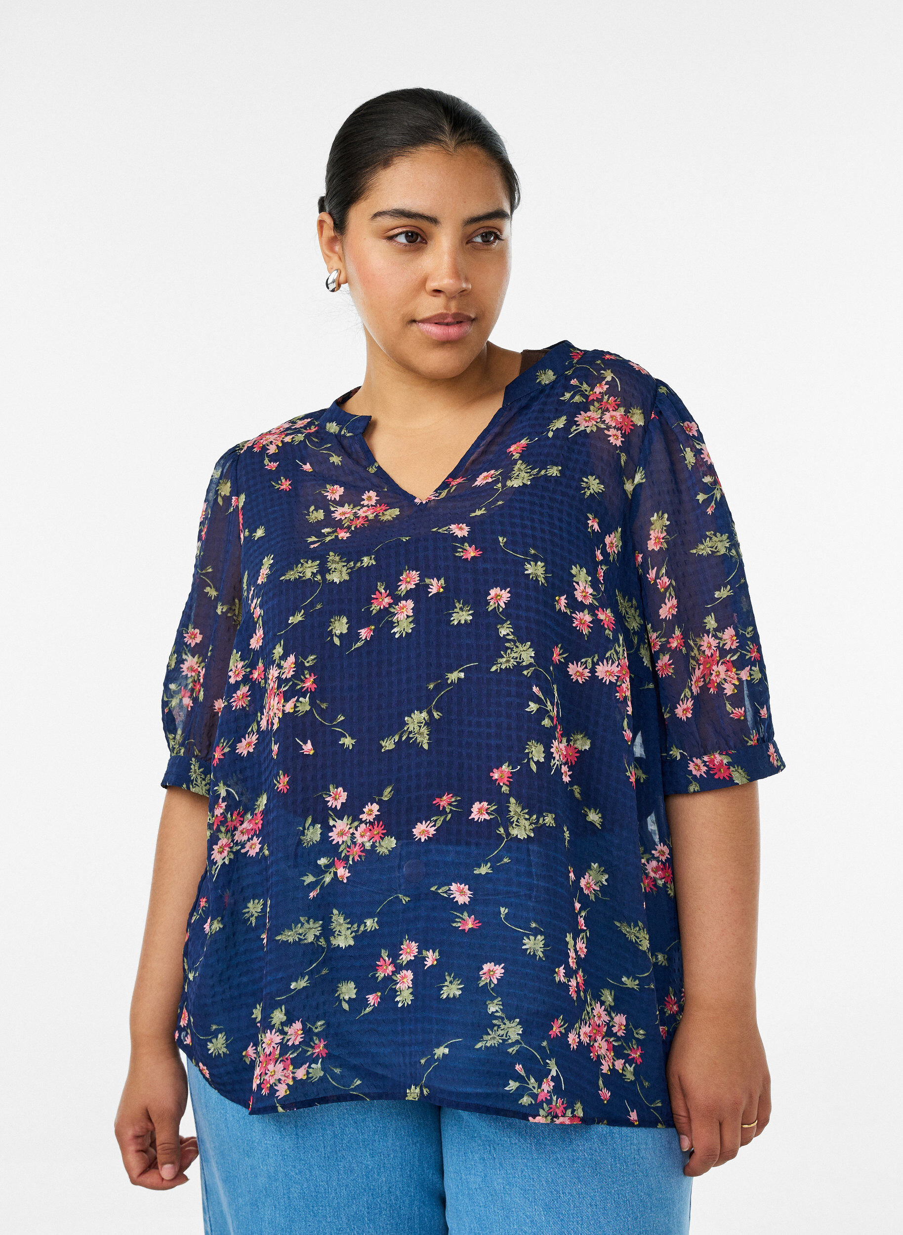 ZizziBlouse &agrave; imprim&eacute; floral et col V, Bleu, Model image number 0