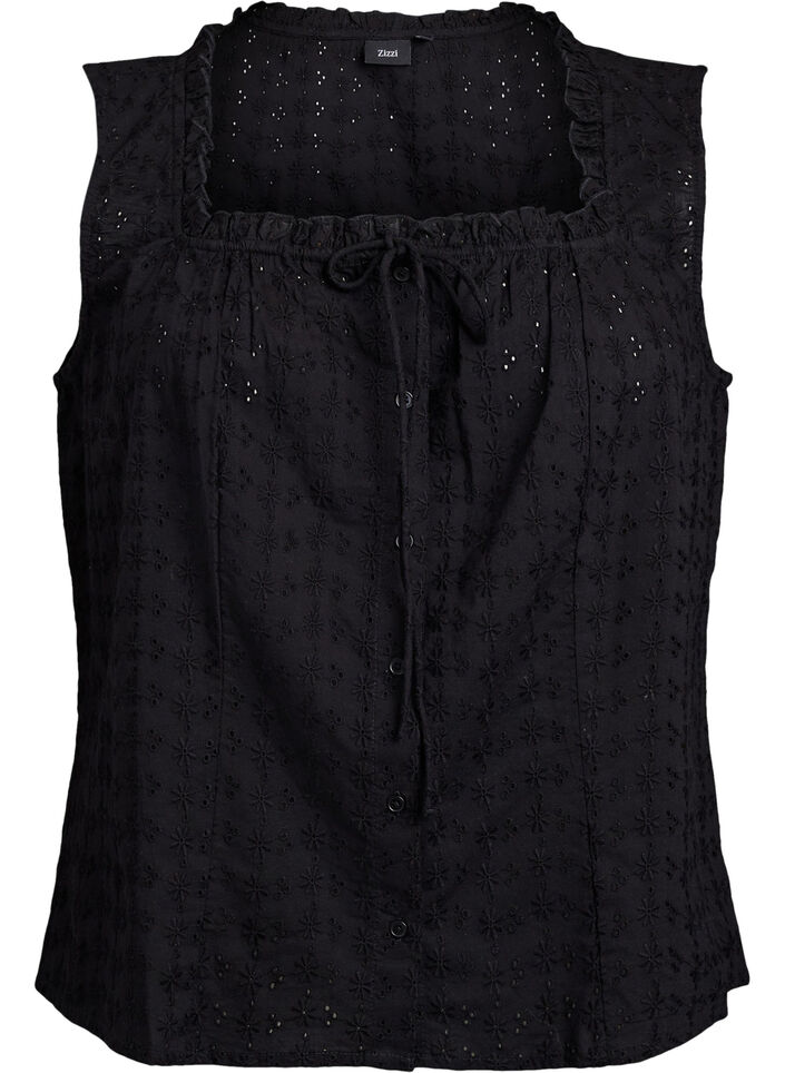 Chemisier sans manches avec broderie anglaise et volants, Noir, Packshot image number 0