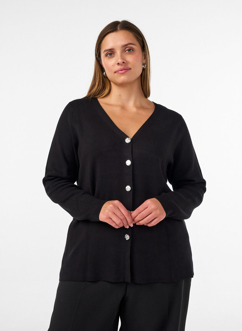 Cardigan en maille fine avec boutons d&eacute;coratifs, Noir, Model image number 0