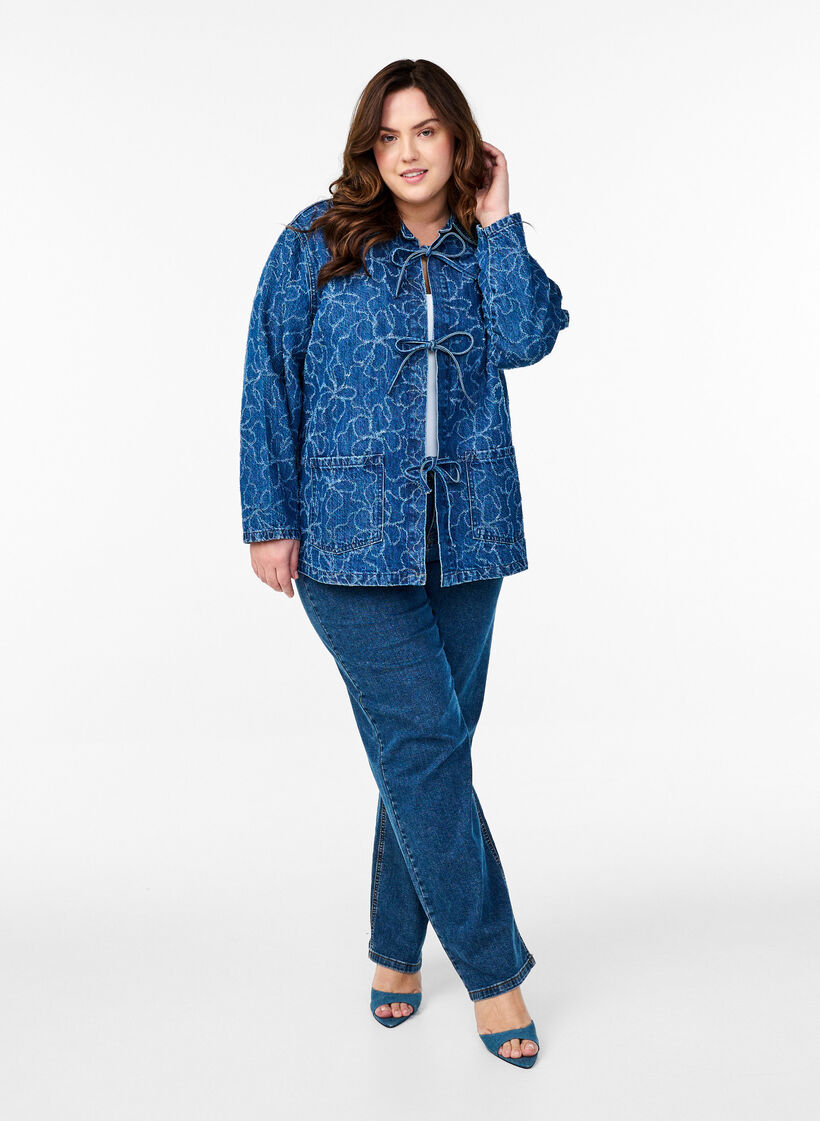Veste en jean avec nœud de fermeture et poches, Blue Denim Destroy, Model image number 3