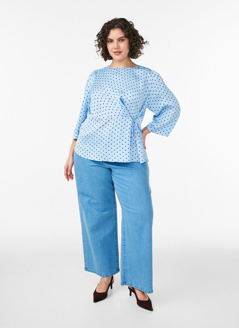 Blouse &agrave; pois avec lien &agrave; nouer et manches 3/4, Bleu Clair, Model image number 1