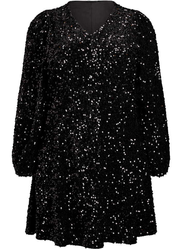 Robe courte &eacute;vas&eacute;e &agrave; sequins, Noir, Packshot image number 0