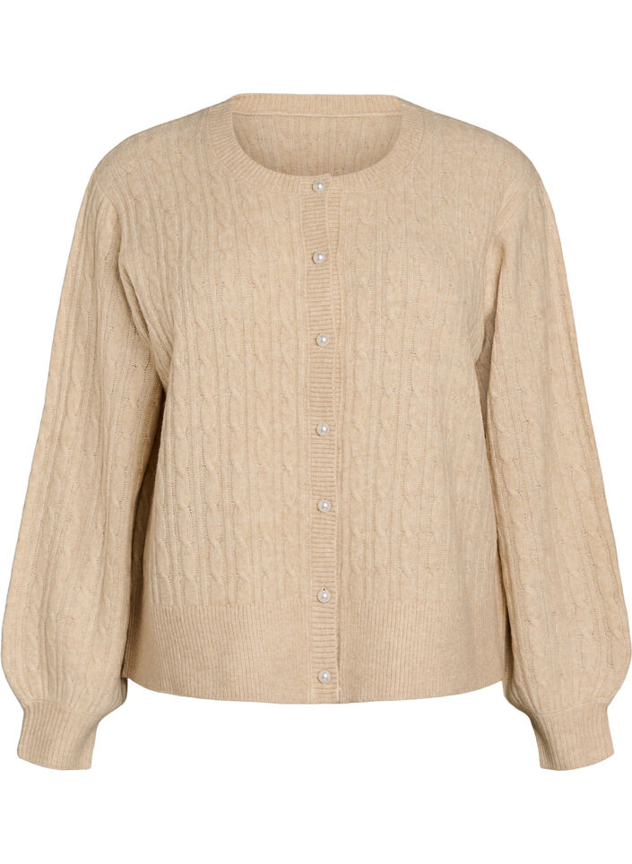 Cardigan en maille torsad&eacute;e avec boutons nacr&eacute;s, Beige, Packshot image number 0