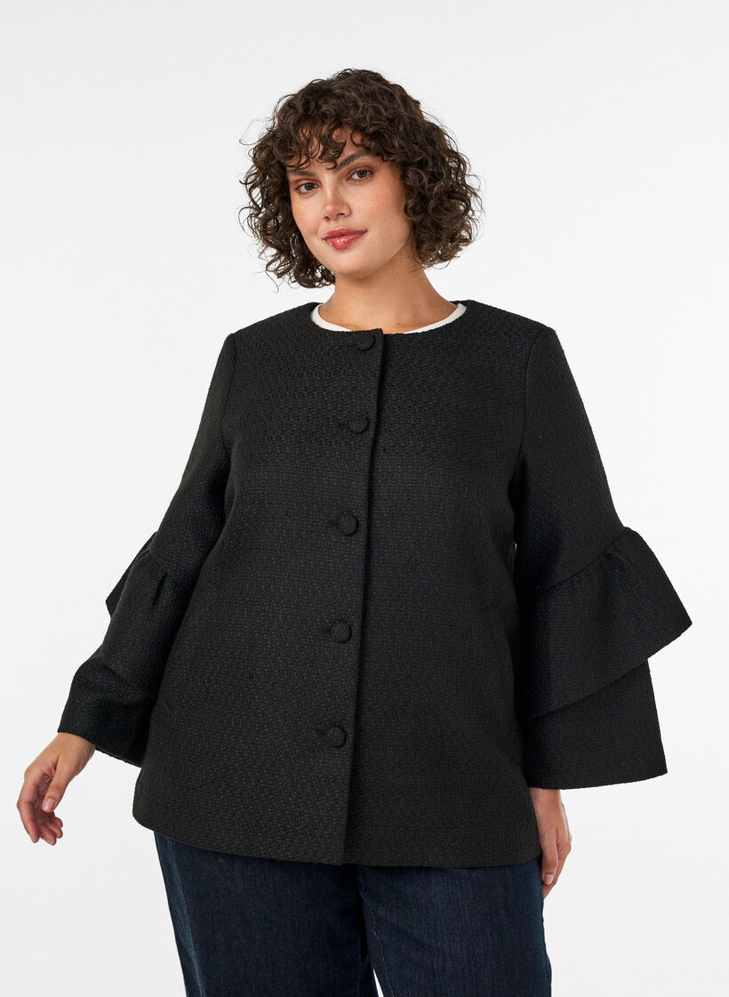 Veste boucl&eacute;e avec volants, Noir, Model image number 3