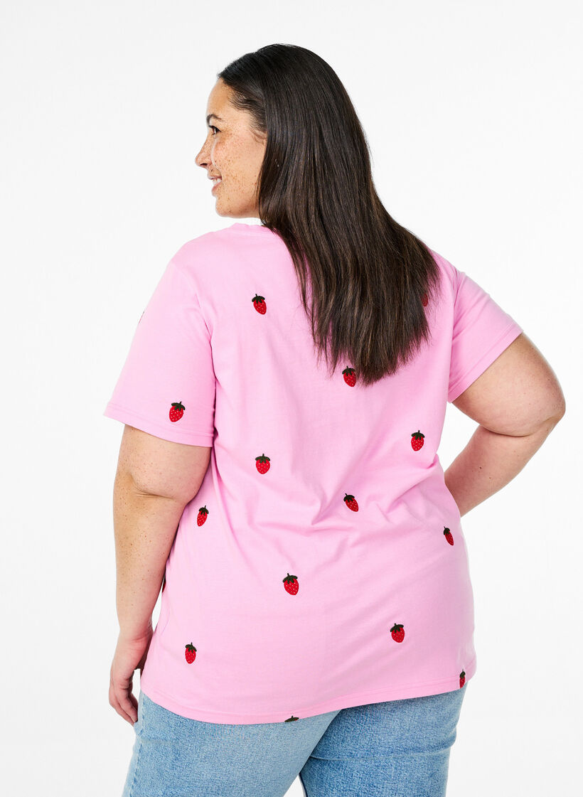 T-shirt en coton biologique avec motifs brod&eacute;s, Rose, Model image number 2