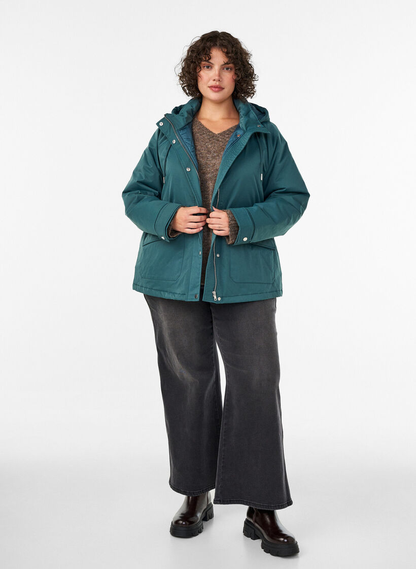 Parka matelass&eacute; avec une capuche amovible, Vert fonc&eacute;, Model image number 1