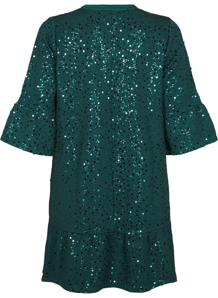 Robe à paillettes avec col en V et manches 3/4, Rain Forest, Packshot image number 1