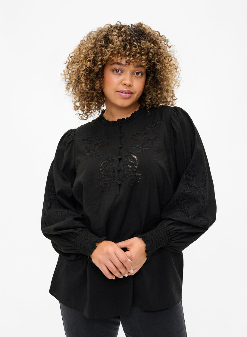 Chemisier avec volants et broderie anglaise, Black, Model image number 0