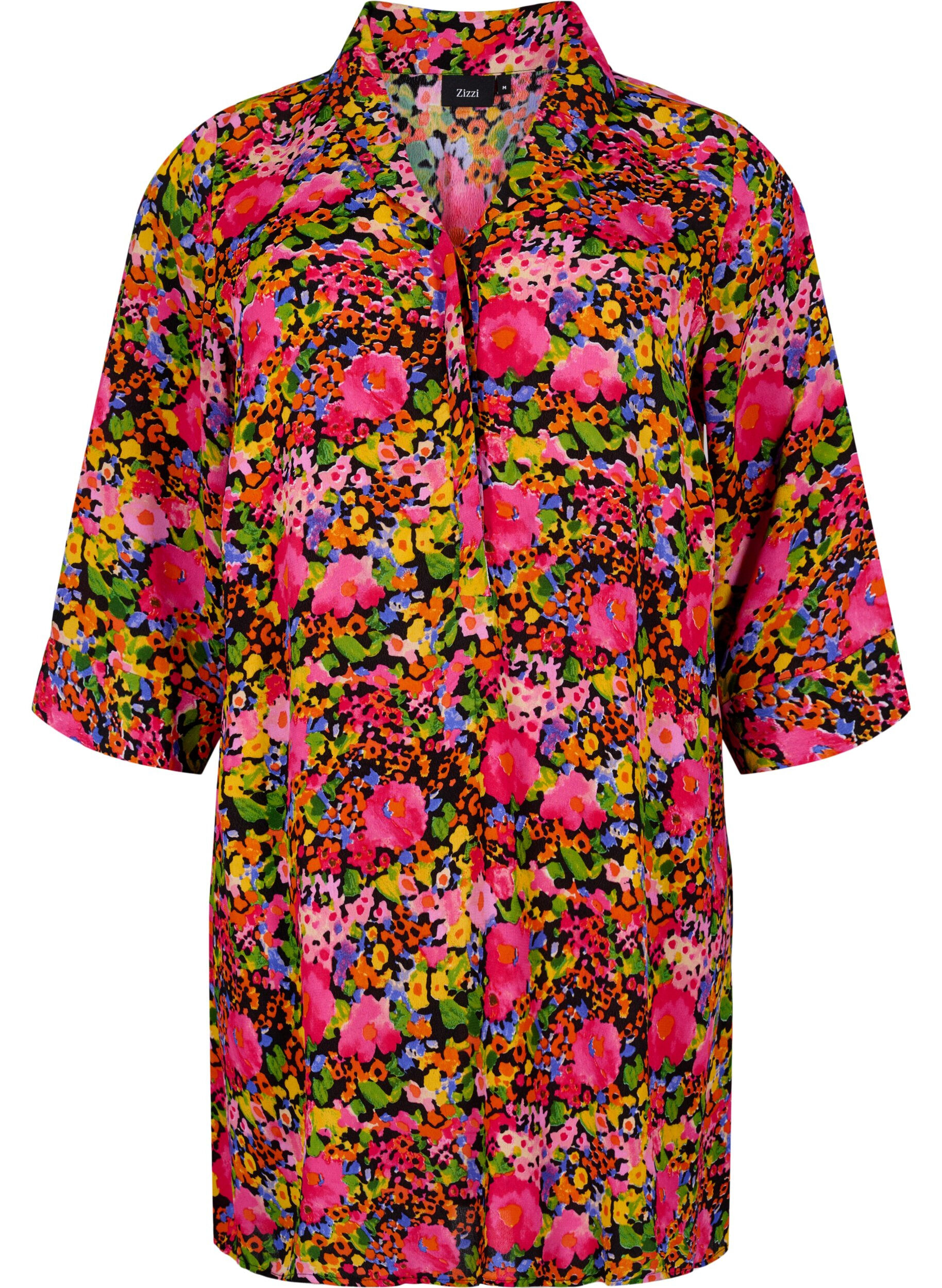 Zizzi Tunique en viscose &agrave; fleurs avec manches 3/4, Neon Flower Print, Packshot image number 0