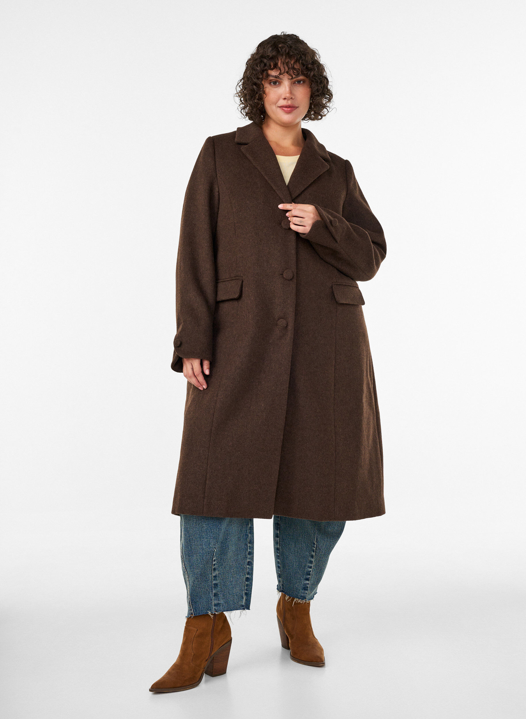 ZizziManteau en m&eacute;lange de laine avec revers et boutons, Marron, Model image number 1