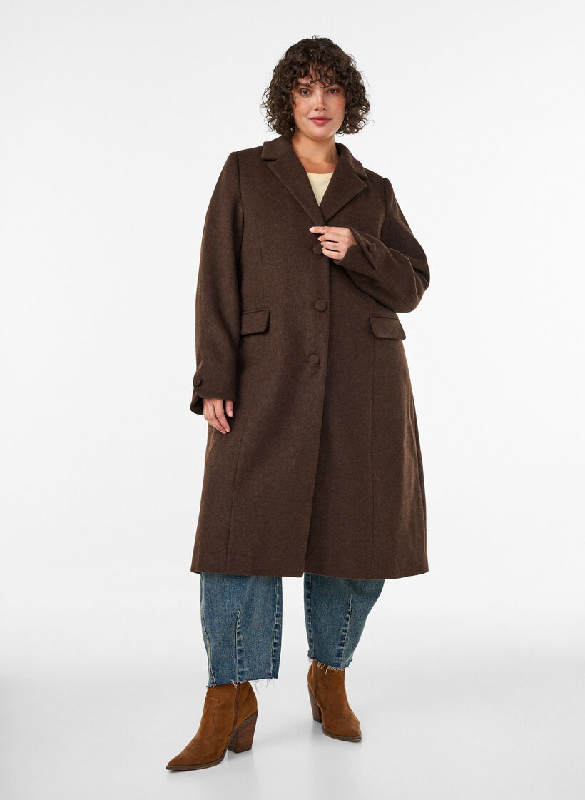 Manteau en m&eacute;lange de laine avec revers et boutons, Marron, Model image number 1