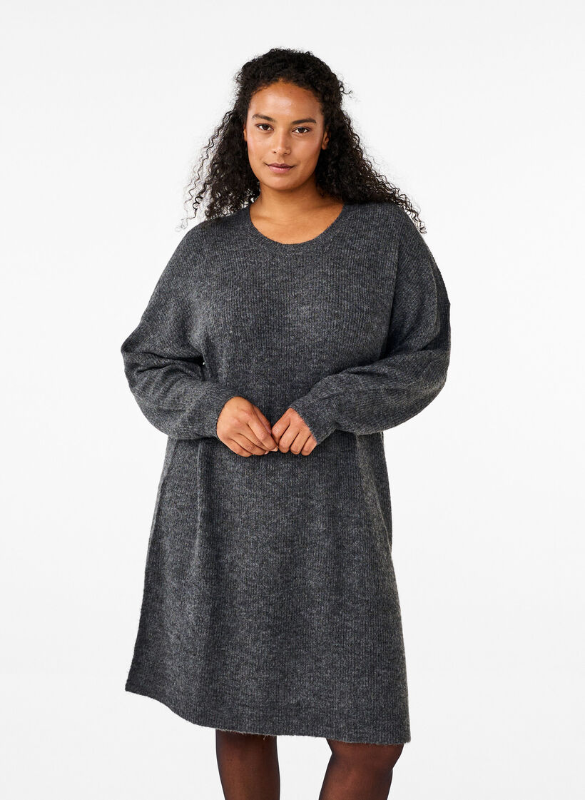 Robe à manches longues en tricot côtelé, Dark Grey Black Mel., Model image number 0