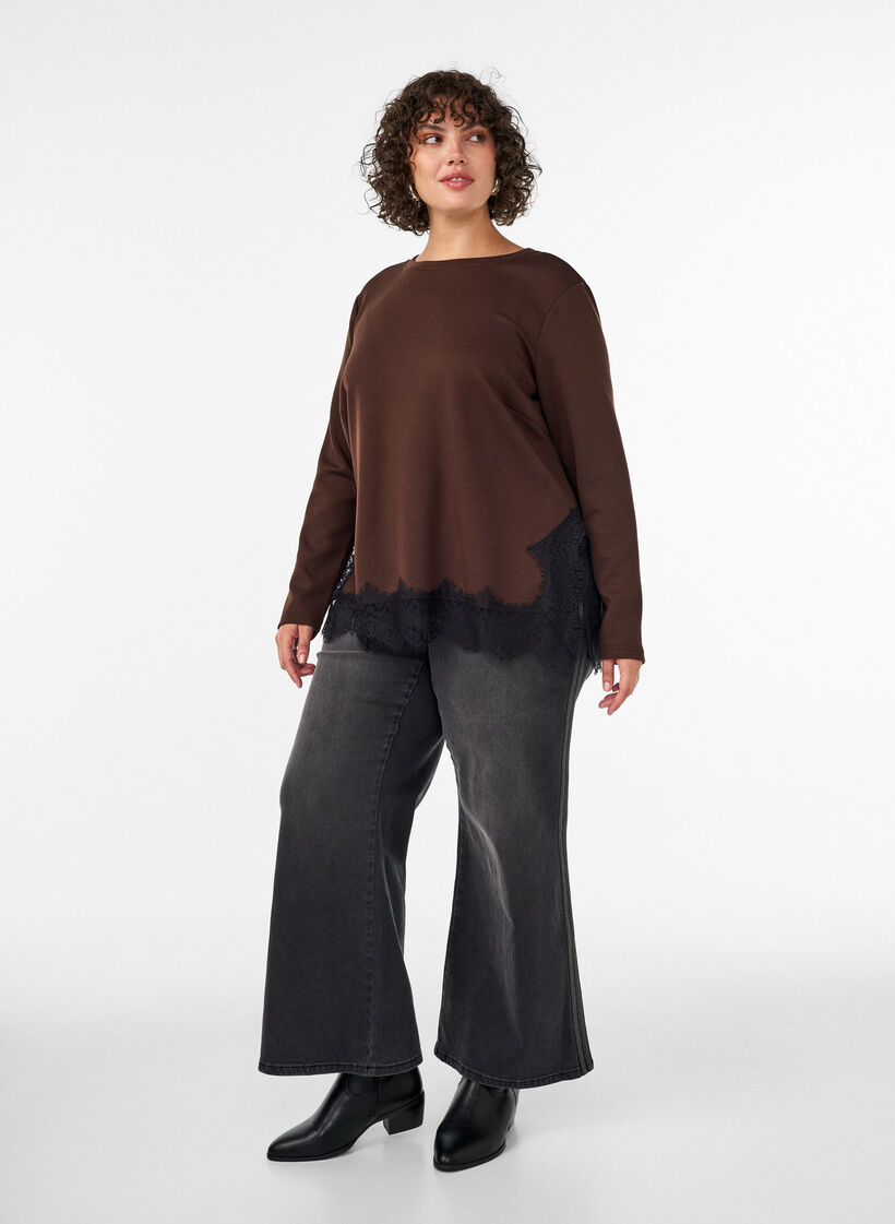 Blouse en jersey avec dentelle, Marron, Model image number 1