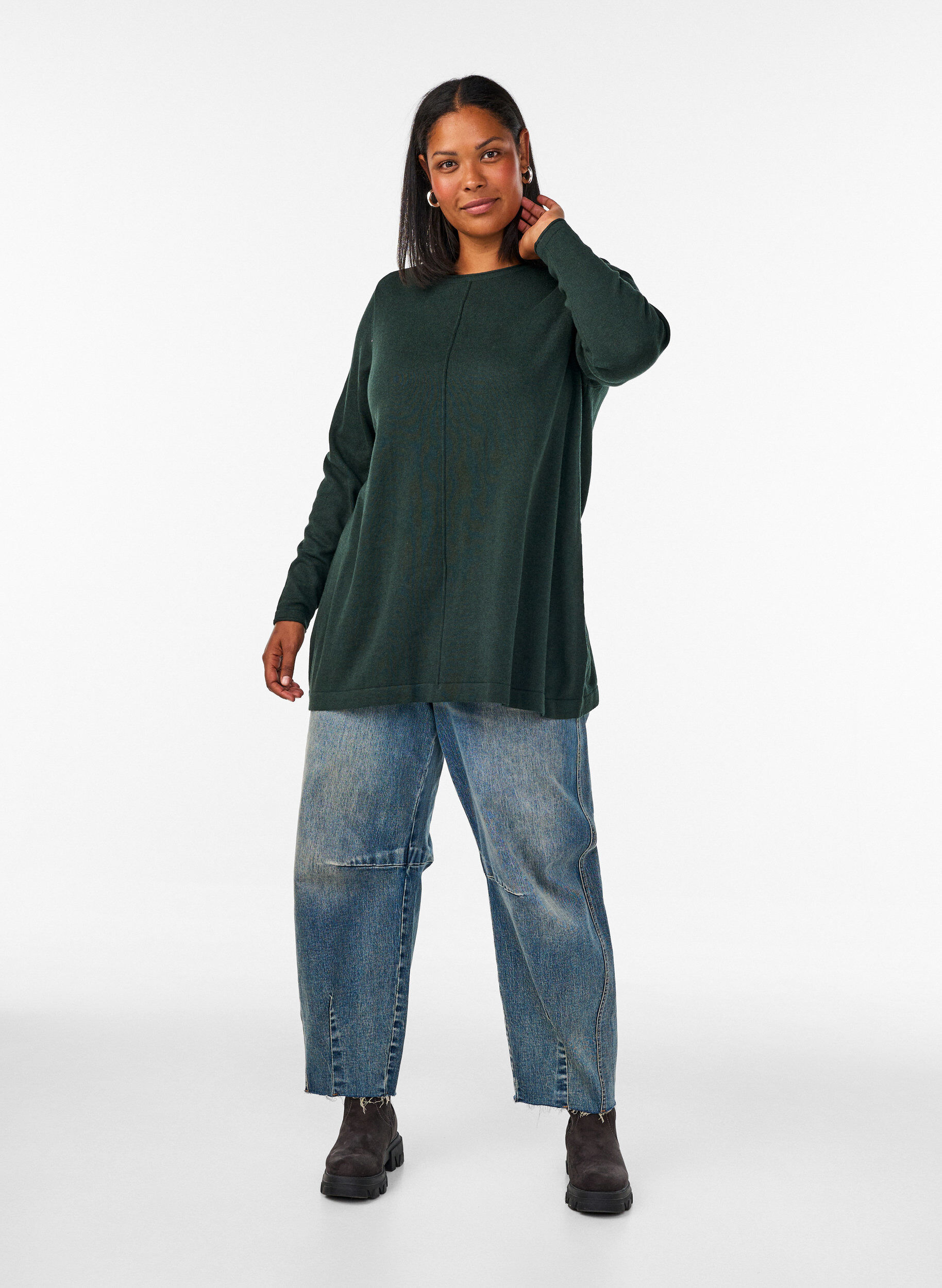 ZizziBlouse tricot&eacute;e en m&eacute;lange coton-viscose, Vert fonc&eacute;, Model image number 1