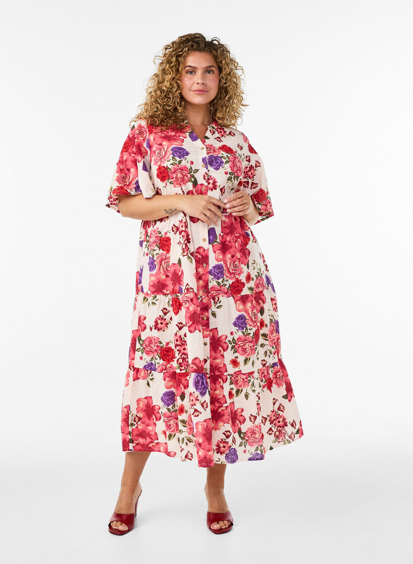 Robe midi en coton avec imprim&eacute; floral, Rouge, Model image number 0