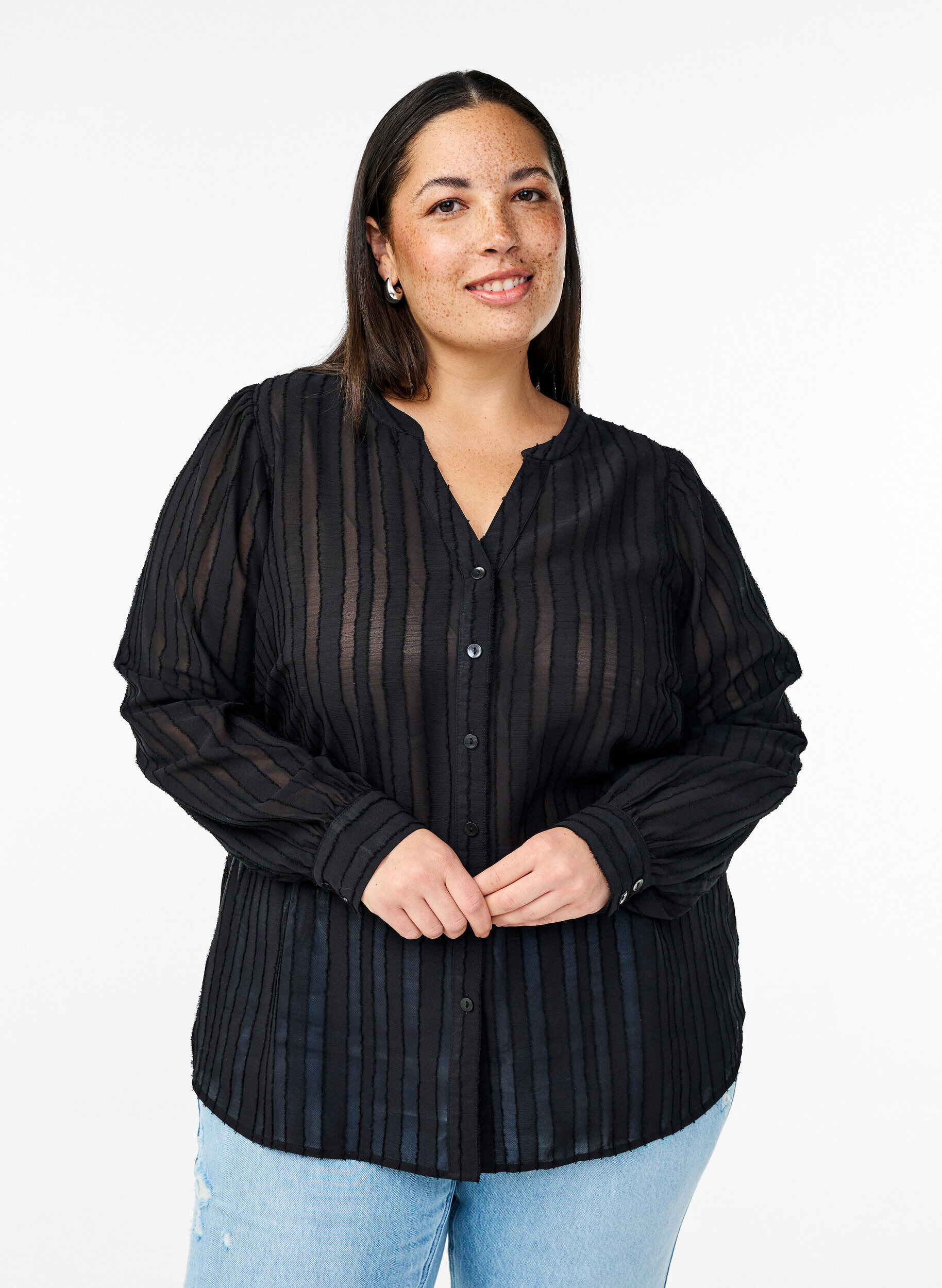 Zizzi Chemisier ray&eacute; &agrave; bandes transparentes, Noir, Model image number 0