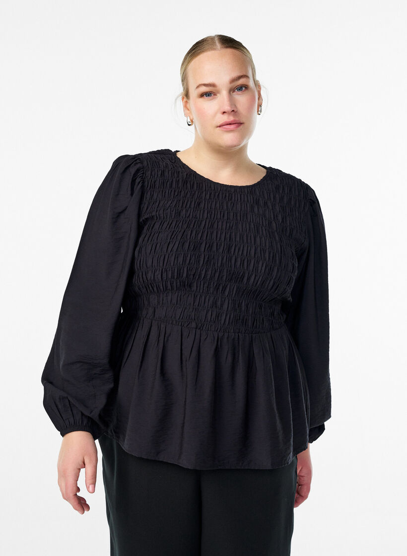 Blouse avec smocks et manches longues, Noir, Model image number 0