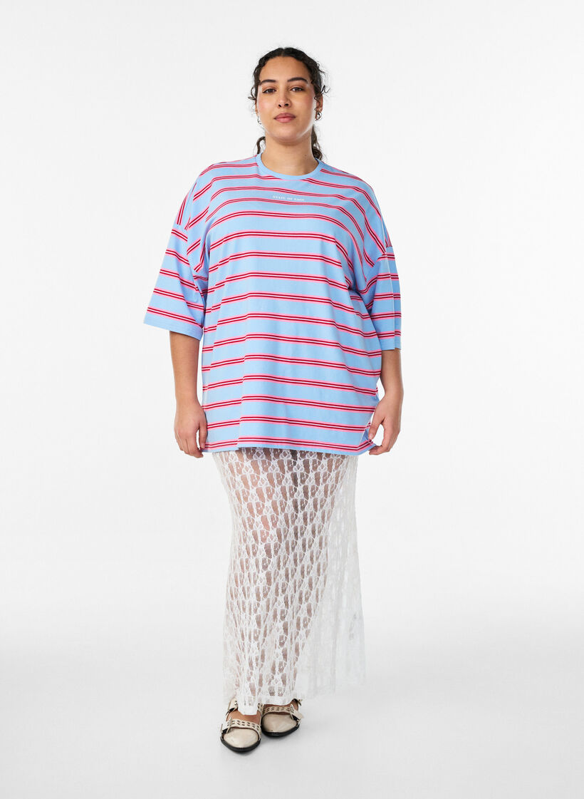T-shirt oversize &agrave; rayures et manches 1/2, Bleu Clair, Model image number 1