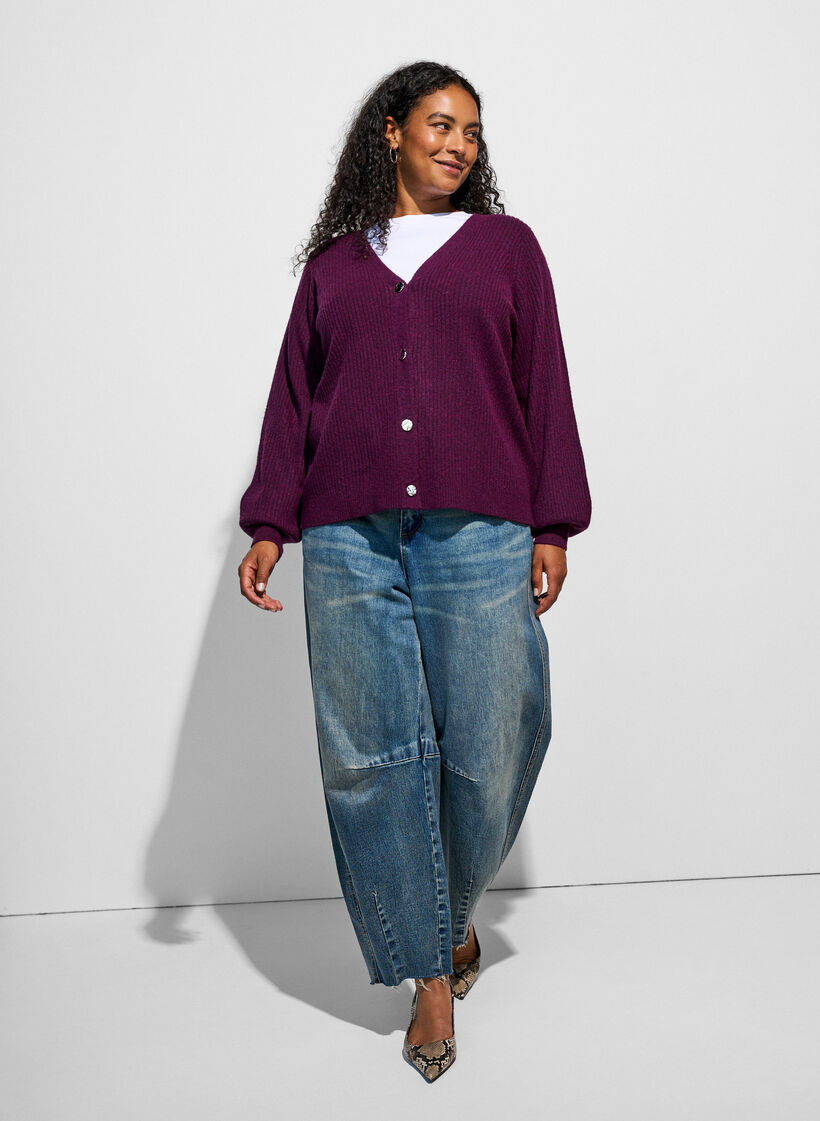 Cardigan avec col en V et texture c&ocirc;tel&eacute;e, Violet, Model image number 1